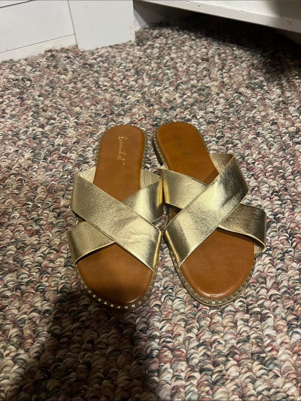 Boutique Gold Crisscross Slide Sandals - Women's Metallic Slip-On